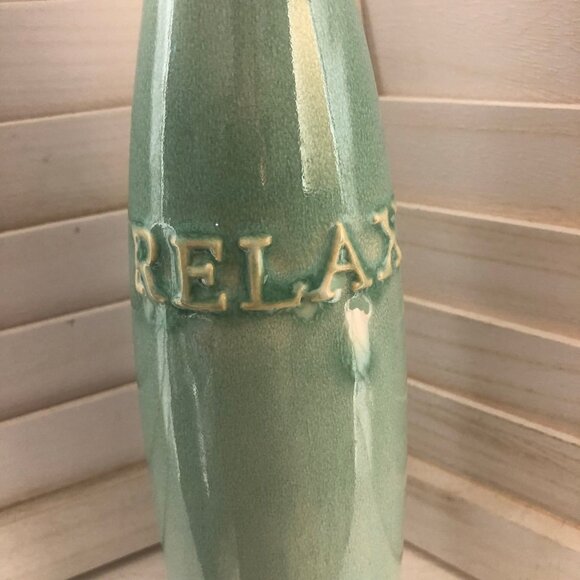 Glossy Art Pottery Vase Ceramic "Relax" Imprint Tall Bottle-Neck Seafoam Green - Picture 8 of 9